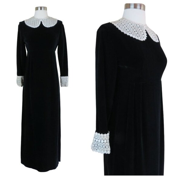 VINTAGE 60s 70s Black Velvet Mod Long Sleeve Maxi Dress Women's 12 Simon Ellis